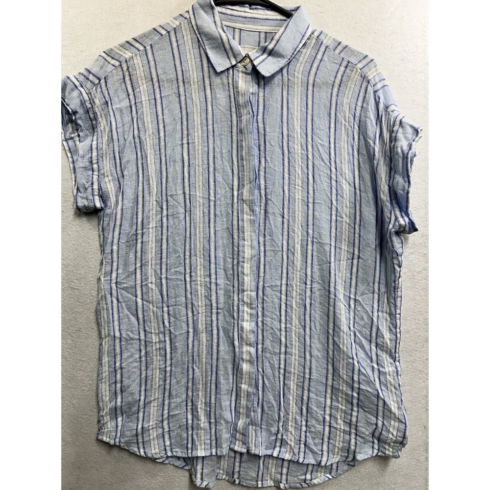Rails Linen Blend Size S Blue White Striped Short Sleeve Button-Down Top